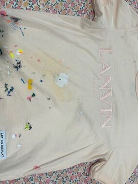 Lanvin Cream Short Sleeve Tee with Pink Logo and Multicolor Paint Accents